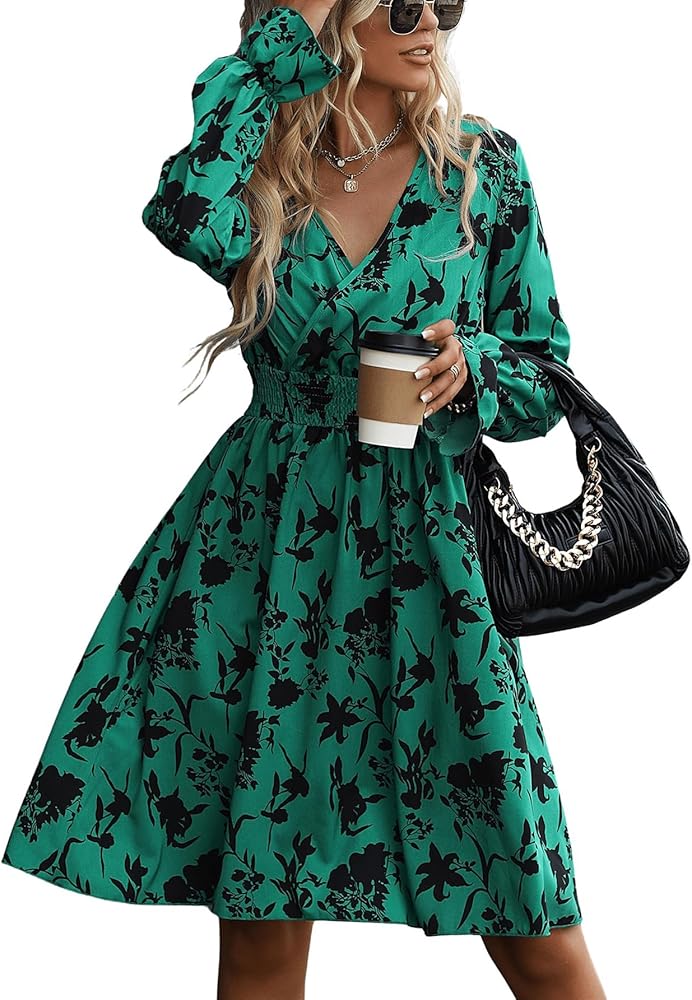 MakeMeChic Women's Boho Long Sleeve Floral Print Dress High Waist V Neck A Line Short Dress