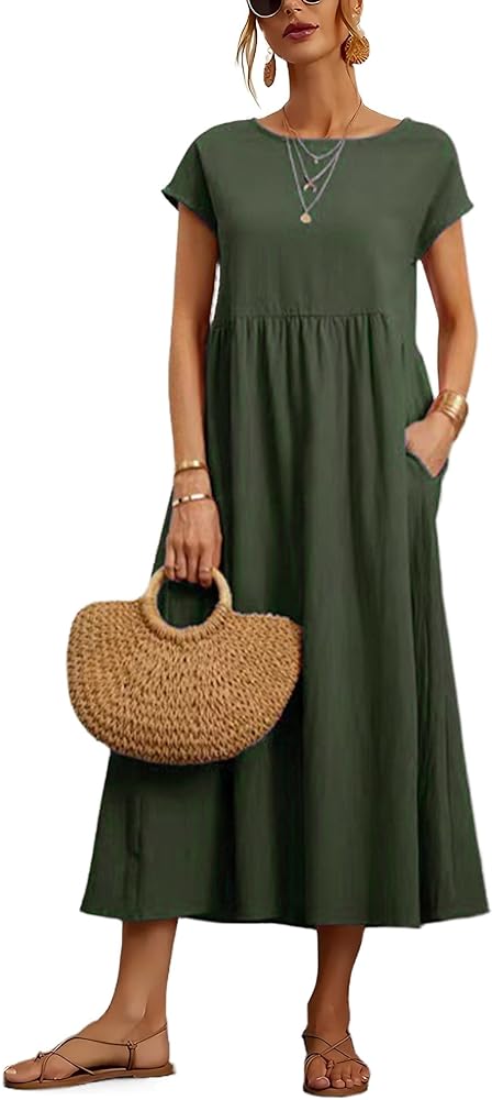 Dresses for Women 2024 Casual Summer Cotton Dress with Pockets Short Sleeve Shirt Midi Long Dress