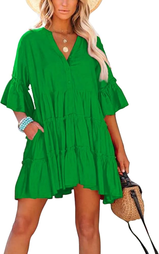 Womens Casual Summer dress 2023 V Neck Bell Sleeve Mini Loose Flowy Swing Shift Beach Dresses