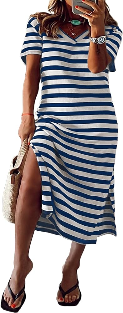 Eytino Womens Plus Size Maxi Dress V Neck Short Sleeve Striped Side Slit Dresses (1X-5X)