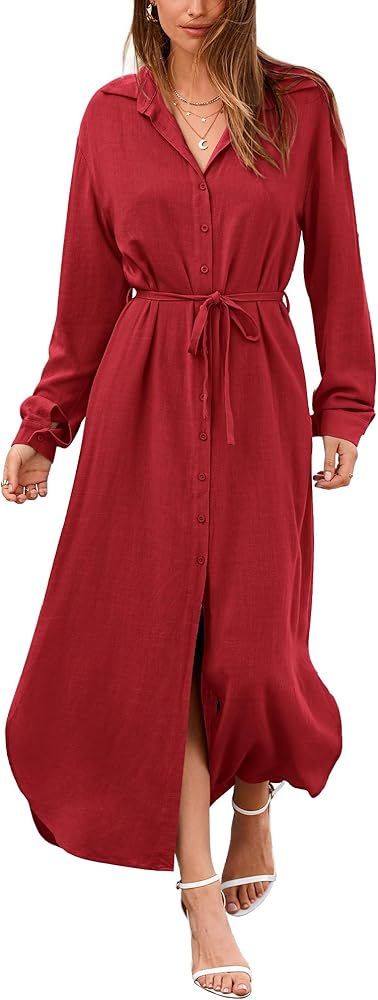 BTFBM Women 2023 Casual Long Sleeve Maxi Dress Fall Spring Button Down Shirt Dresses Tie Waist Side Slit Long Linen Dress