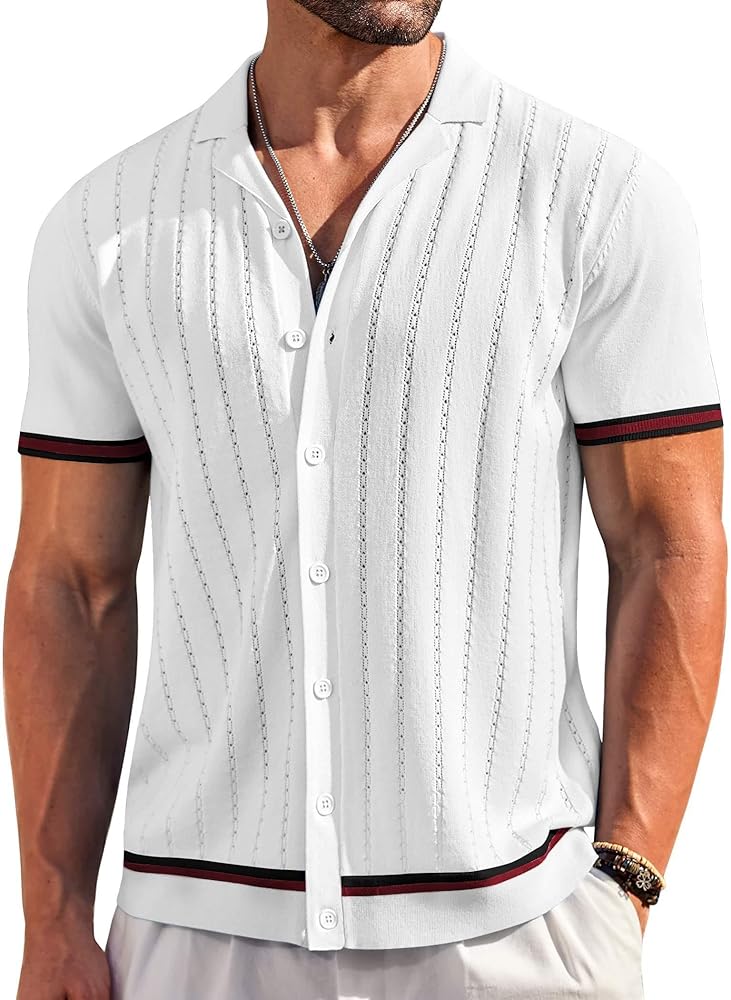 COOFANDY Men's Short Sleeve Knit Shirt Casual Button Down Shirt Vintage Striped Knitted Golf Beach Tops