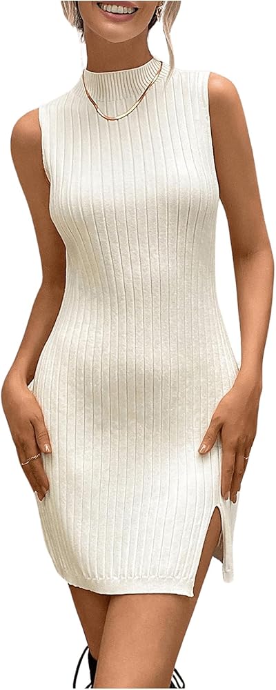 Floerns Women's Solid Turtle Neck Sleeveless Split Hem Sweater Bodycon Dress