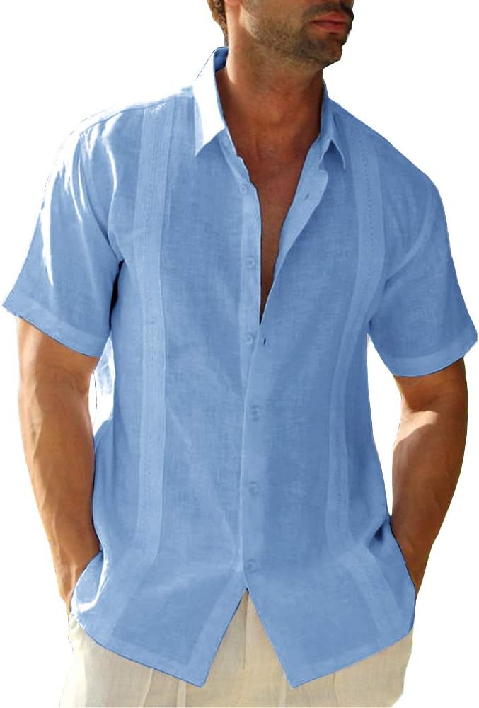 Hestenve Mens Short Sleeve Cuban Camp Guayabera Shirt Linen Cotton Hippie Beach Button Down Shirts