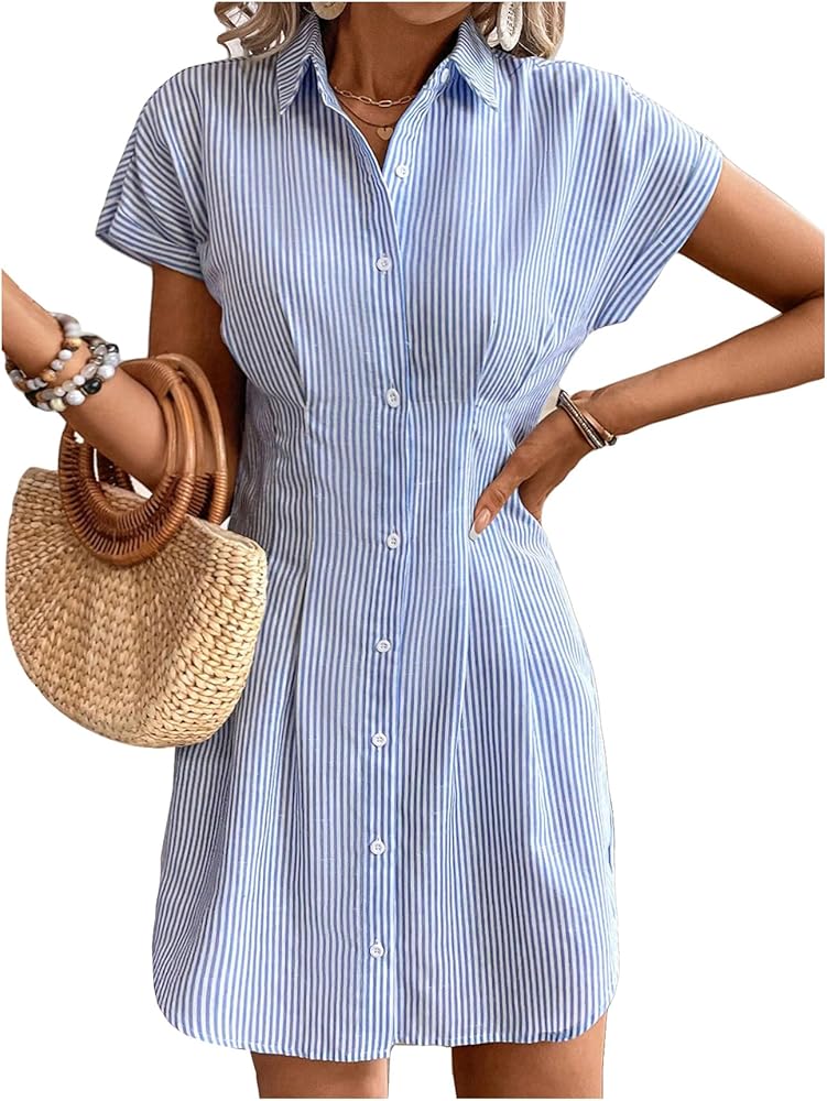 Milumia Women's Striped Button Front Cap Sleeve Collared Shirt Dress