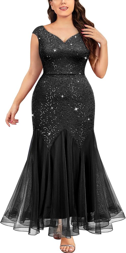 Miusol Women's Plus Size Sequins Lace Tulle Mermaid Hem V-Neck Sleeveless Formal Evening Party Maxi Dress