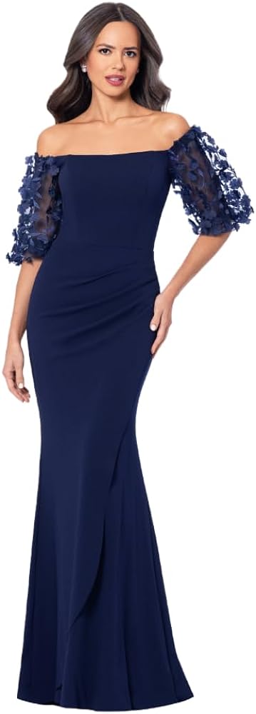 Xscape Women's Illusion Sleeve Off The Shoulder Long Dress (Reg and Petite)