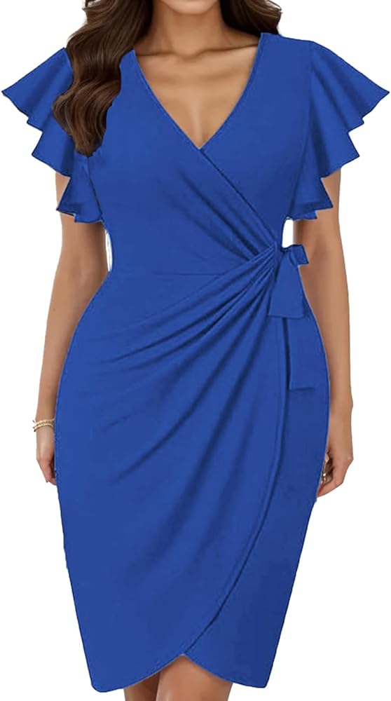 Womens Sexy V Neck Cocktail Dress Ruffle Sleeve Pleated Design Short Sleeved Club Party Dress