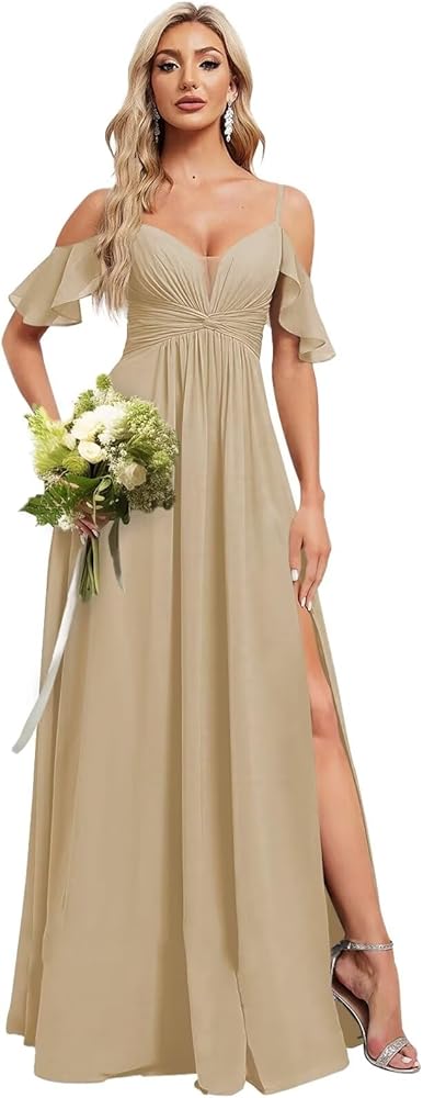 Women's Cold Shoulder Ruffles Chiffon Bridesmaid Dresses Long with Slit V Neck Empire Waist Evening Formal Dress with Pockets