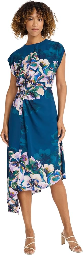 Maggy London Midi Sleeveless with Ruched Waist, Asymmetric Ruffle Hem, Floral Dress for Women