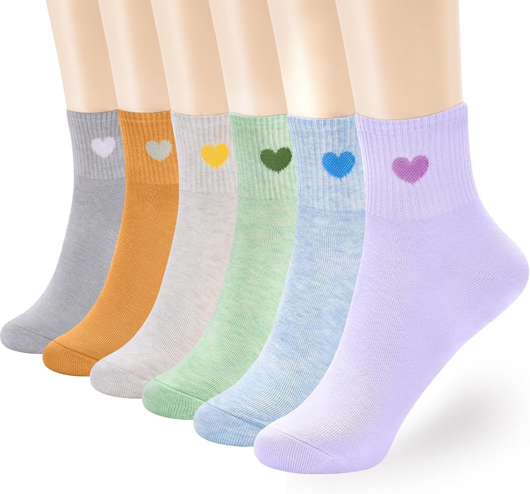 Women's Thin Cotton Socks, Soft Above Ankle Crew socks 6-Pairs Cute Fun Heart Novelty Socks (packed a Present box)