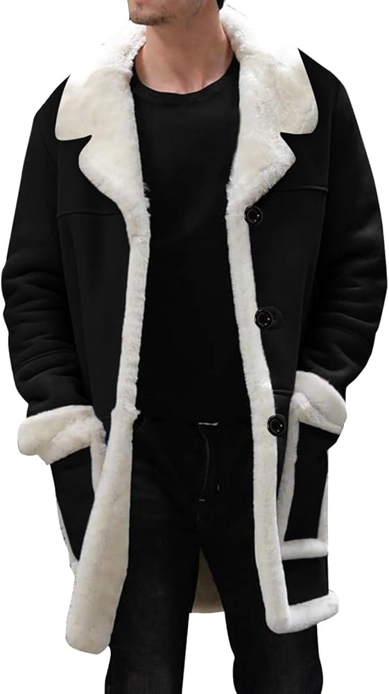 Mens Sherpa-Lined Faux Fur Coat Fleece Shearling Coat Trucker Hunting Heavyweight Suede Leather Jackets with Pockets