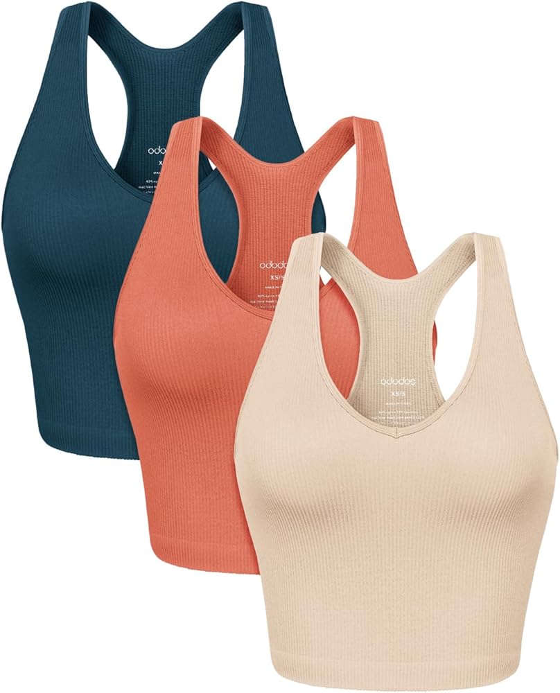 ODODOS 3-Pack Seamless Racerback Crop Tank for Women Ribbed Knit Soft Crop Tops