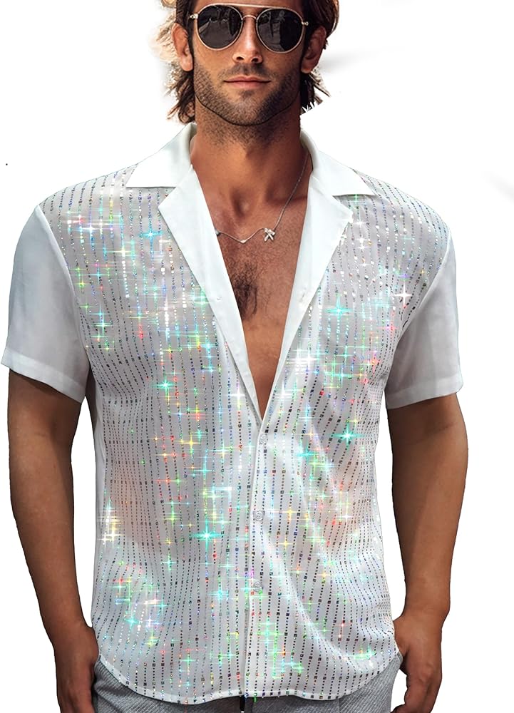 Mens Mesh Sequins See Through 70s Disco Long Sleeve Button Down Shirts