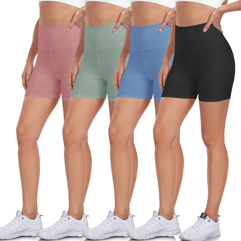 NEW YOUNG 4 pack High Waisted Biker Shorts for Women-5" Tummy Control Workout Athletic Running Gym Yoga Shorts Summer