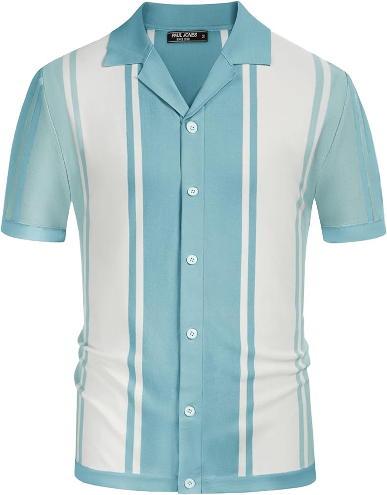 Mens Stripe Knit Polo Shirt Vintage Button Down Shirt Casual Beach Shirt Blue M