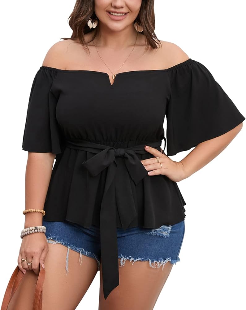 Women's Plus Size Off The Shoulder Peplum Blouse Top Half Bell Sleeve Tie Waist Ruffle Hem Babydoll Tops