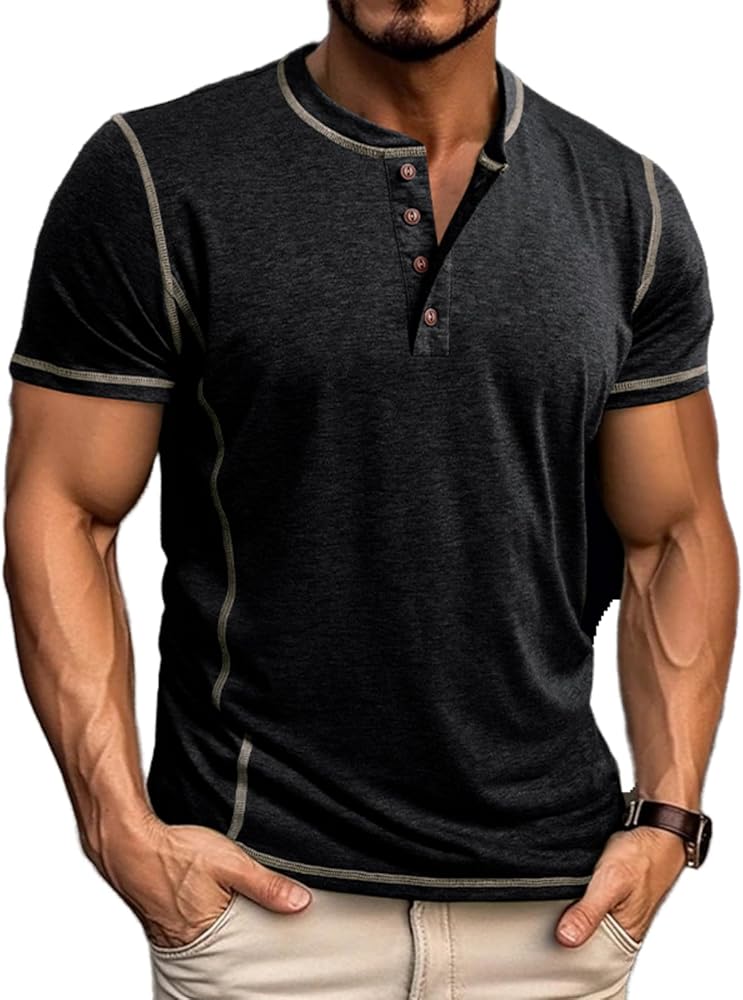 Men's Casual Henley Shirts Classic Basic Button Short Sleeve T-Shirt Summer Lightweight Tops