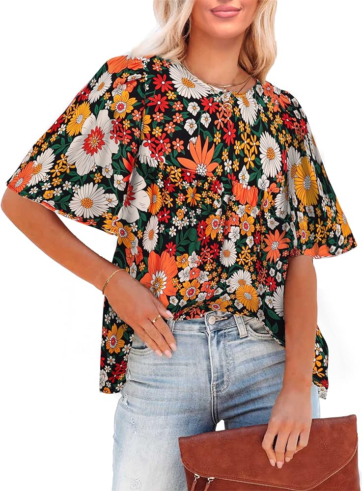 luvamia 2024 Blouses for Women Dressy Casual Floral Boho Babydoll Flowy Tops Summer Short Bell Sleeves Shirts