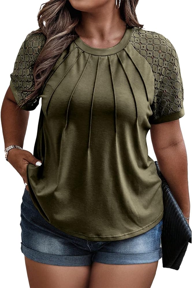 Eytino Plus Size Tops for Women Summer Lace Short Sleeve Crewneck Loose Casual Blouse Tunic T Shirts(1X-5X)