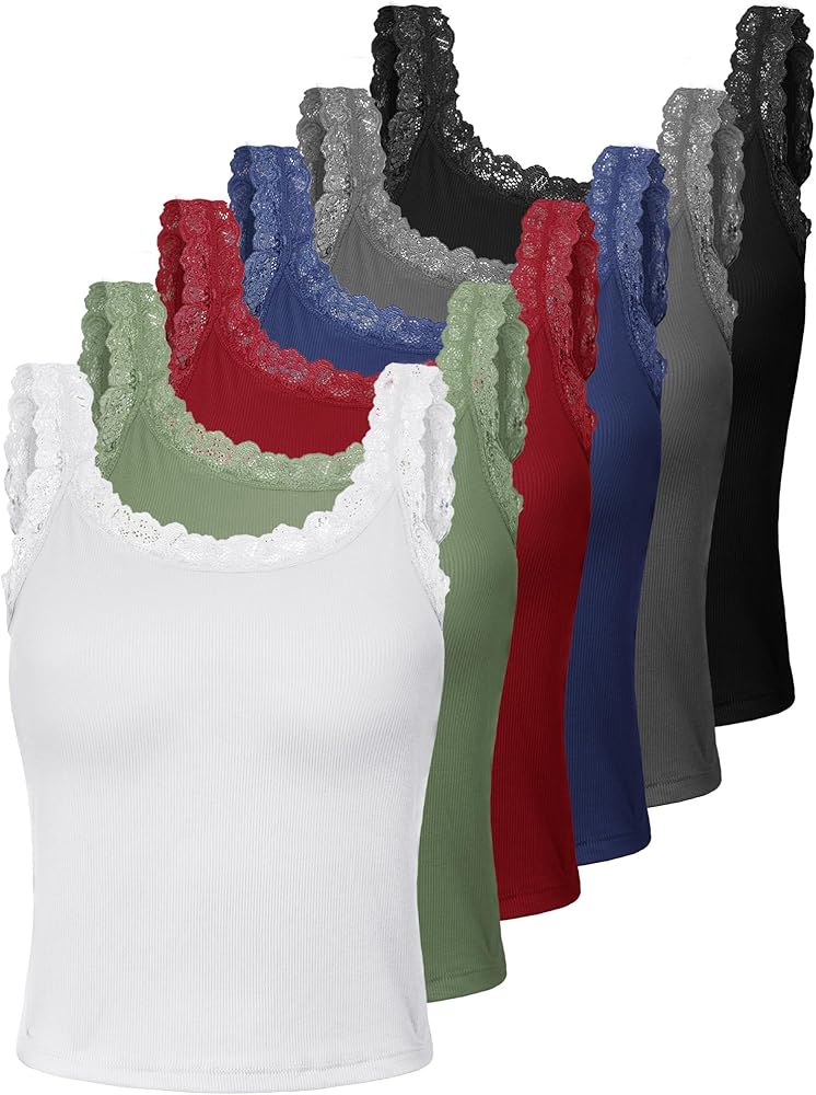 6 Pieces Lace Camisole Tank Tops Womens Lace Cami Undershirt Lace Trim Camisole Lace Straps Ribbed Tank Tops for Women