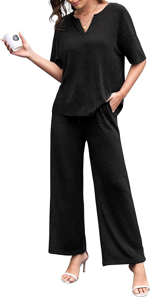 Women's 2 Piece Outfits Summer 2024 Short Sleeve Pullover Tops and Wide Leg Pants Lounge Sets Casual Tracksuit