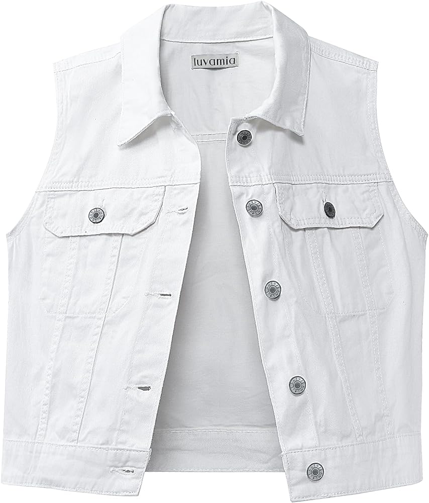 luvamia Denim Vest for Women Sleeveless Cropped Jean Jacket Vests Top Western Outfit Fashion Casual Vests with Pockets