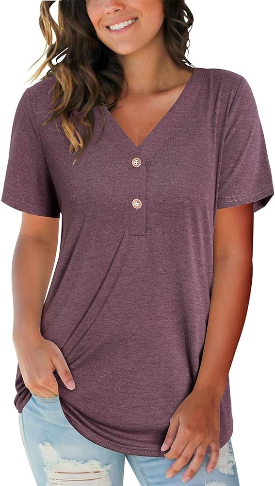 LAISHEN Women's V Neck Summer Tops Casual Henley Button Down T Shirts Tunic 2024