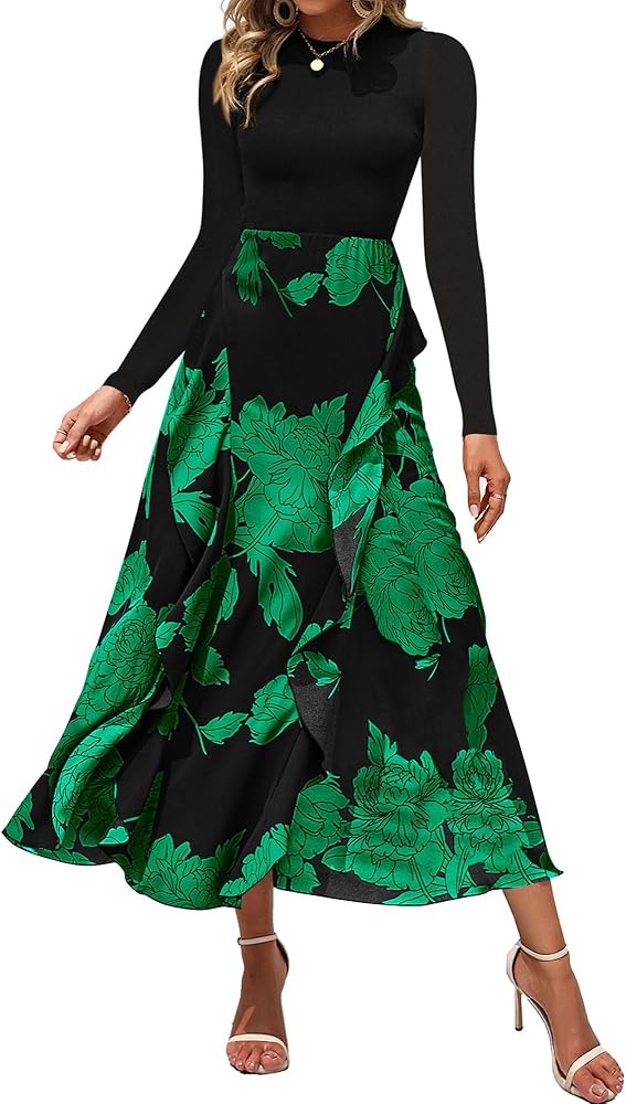 BTFBM Womens Fall Fashion 2024 Floral Maxi Dress Casual Crewneck Long Sleeve Ruffle Flowy Cocktail Wedding Guest Dresses