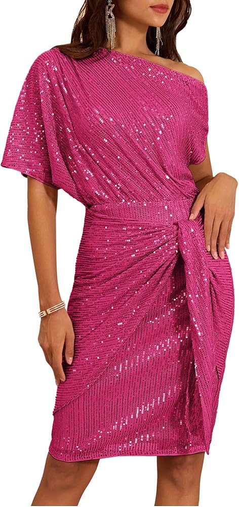 GRACE KARIN Women's Sequin Sparkly Glitter Party Club Dress One Shoulder Ruched Cocktail Bodycon Dress