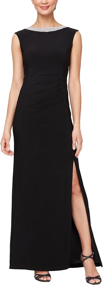 Alex Evenings Women's Long Jersey Dress with Ruched Front and Embellished Neckline (Petite and Regular Sizes)