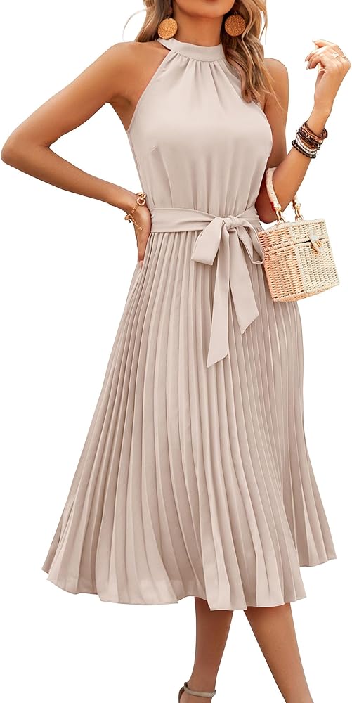 KIRUNDO Women's 2024 Summer Sleeveless Halter Neck Pleated Midi Cocktail Dresses A Line Flowy Beach Sun Dress with Belt