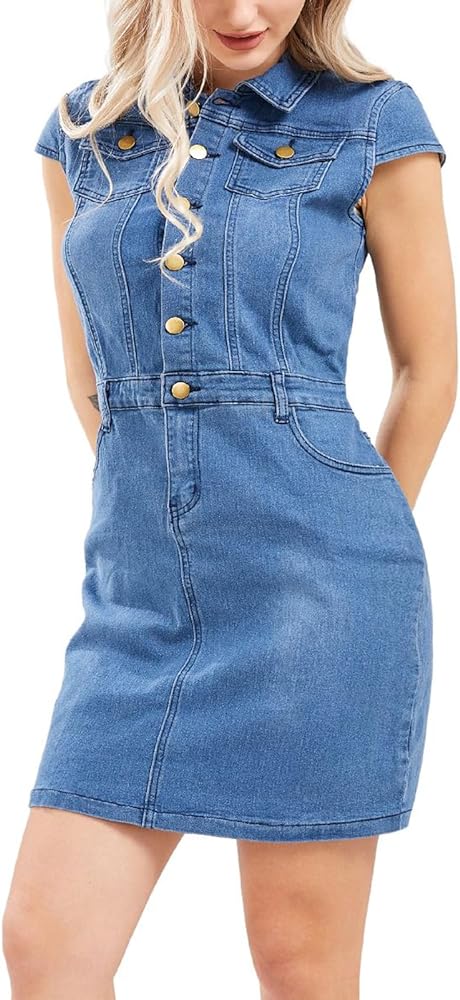 chouyatou Women's Cap Sleeve Bodycon 1/2 Button Placket Mini Denim Pencil Dress