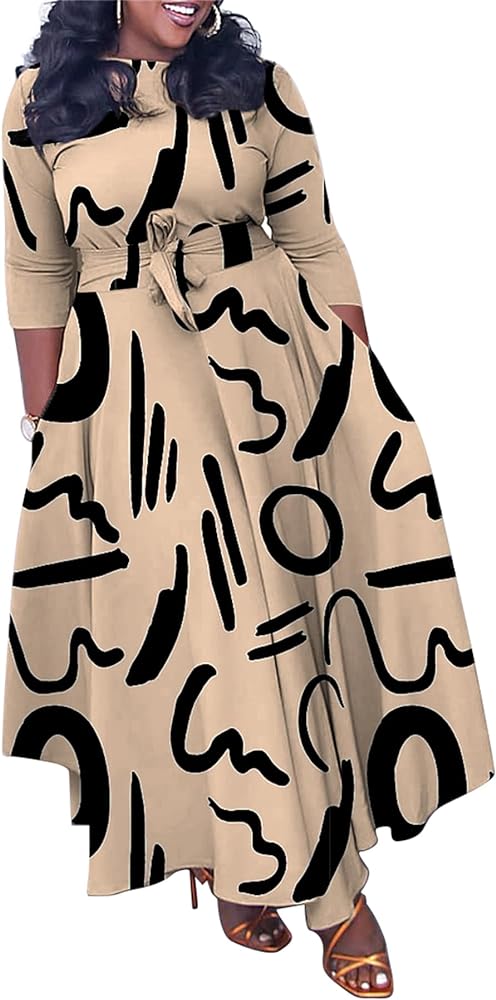 Casual Plus Size Maxi Dress for Women African Print Long Dress 3/4 Sleeve Flowy Ruffle Dress with Belt 2024 Summer