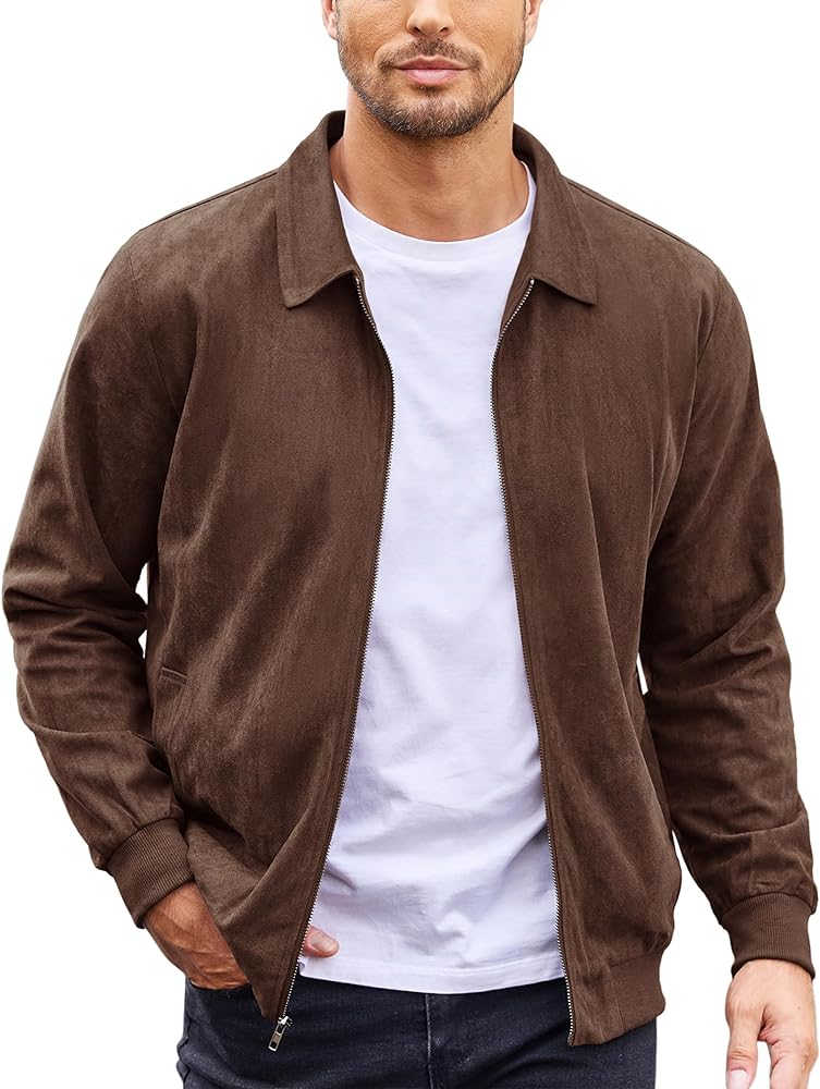 COOFANDY Men's Faux Suede Bomber Jacket Lightweight Full Zip Jackets Vintage Casual Trucker Jacket