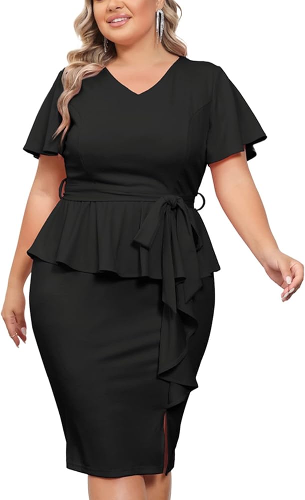 Hanna Nikole Women Plus Size Pencil Dress V Neck Ruffle Sleeves Vintage Wedding Guest Dress Wear to Work Dresses