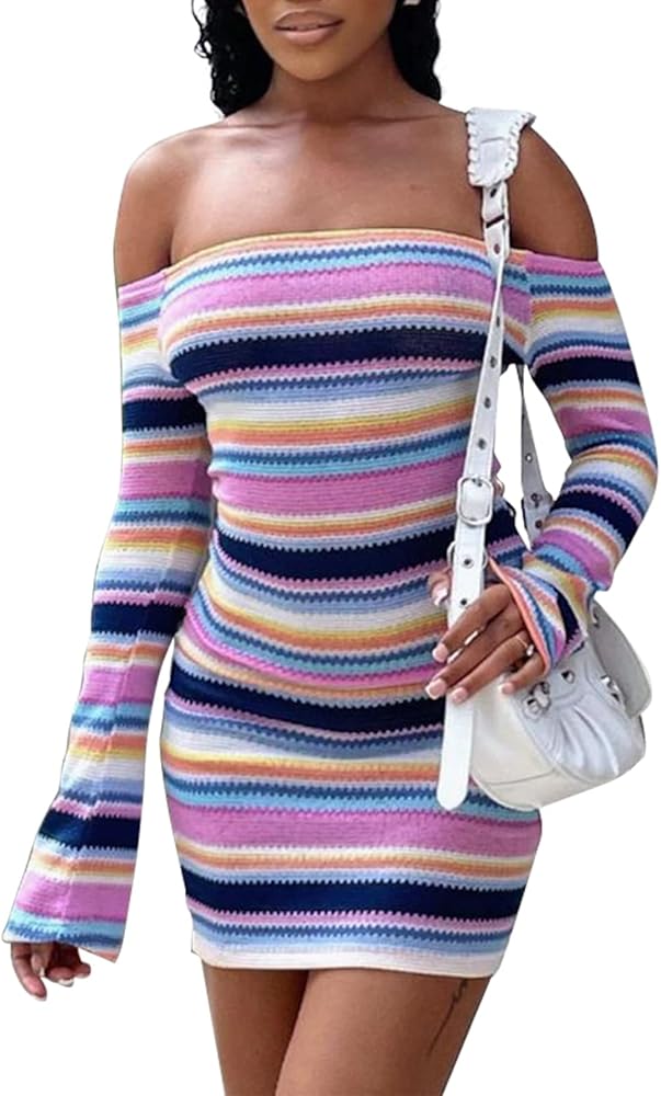 Women's Knitted Mini Dress Off Shoulder Crochet Knit Hollow Out Long Sleeve Short Dress E Girl Streetwear