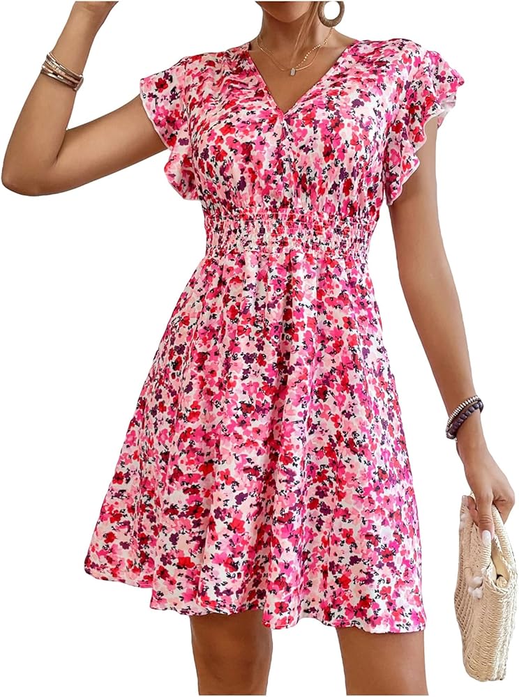 Floerns Women's Floral Print Ruffle Trim Cap Sleeve V Neck Summer A Line Dress