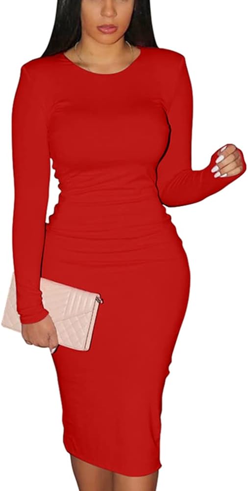 Women's Sexy Bodycon Long Sleeve Round Neck Work Office Midi Pencil Dress