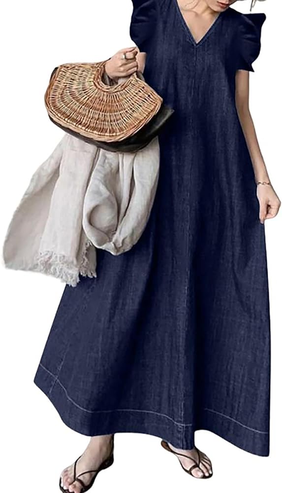 utcoco Womens Long Denim Dress Casual Loose Fit Ruffle Sleeveless V-Neck Jean Maxi Dresses for Women 2024