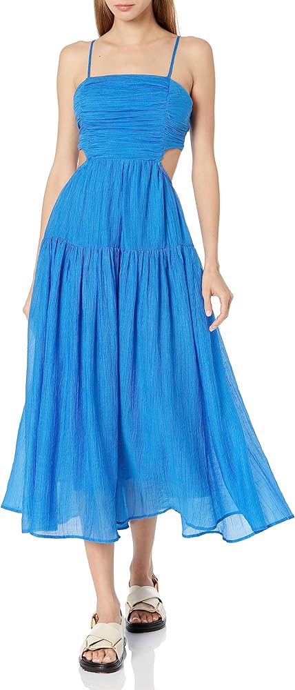 MOON RIVER Women's Shirred Tiered Cutout Back Tie Midi Dress