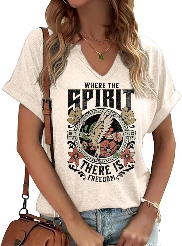 Women V Neck Christian Shirts Vintage Bible Verse Boho Floral Graphic Tees Christian Gifts for Her