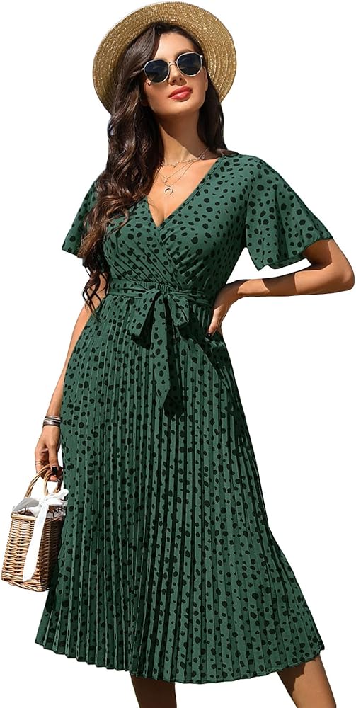 Floerns Women's Polka Dots Short Sleeve Wrap V Neck Belted A Line Pleated Midi Dress