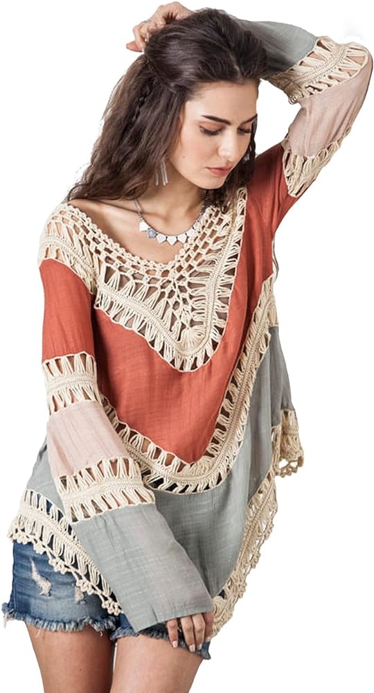 Women’s Boho V Neck Crochet Tunic Tops Blouse Shirt Hollow Out Beach Swimsuit Cover up