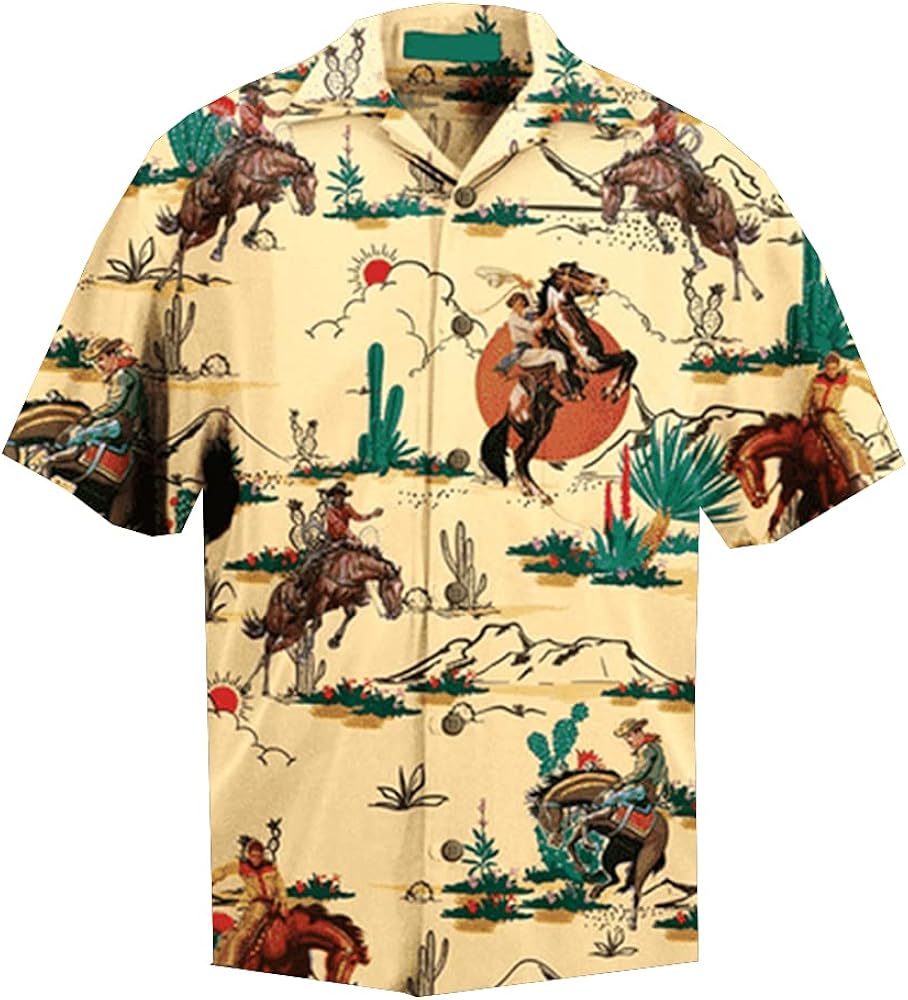 Tropical Cowboy Hawaiian Shirts for Men - Summer Rodeo Button Down Mens Hawaiian Shirts Short Sleeve Series 154