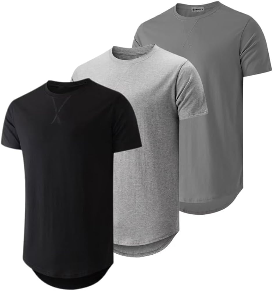 Mens 3 Pack Crewneck T-Shirt Cotton Hipster Hip Hop Longline Classic Top