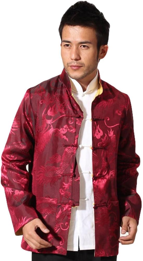 ZooBoo Two-Sided Chinese Men's Jacket - Traditional Martial Arts Kung Fu Dragon Pattern Uniform Long Sleeve Clothing for Men