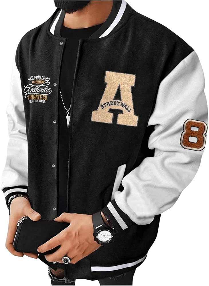 SOLY HUX Men's Color Block Letter Print Baseball Jacket Long Sleeve Casual Varsity Jacket