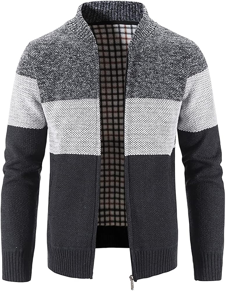 Mens Cardigan Sweaters Full Zip Color Block Classic Band Collar Casual Outwear Stripe Cable Knit Coat Jackets with Pockets