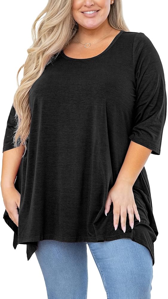 Plus Size Women's Tunic 3/4 Sleeve Clothes Swing Babydoll Top Side Split Crewneck Blouse Flowy Shirts M-5X